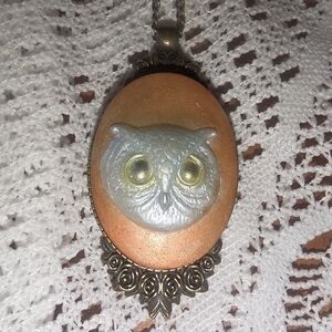 Owl Head On Cameo Pendant With Bronze Tone Bezel On 22" Chain Necklace
